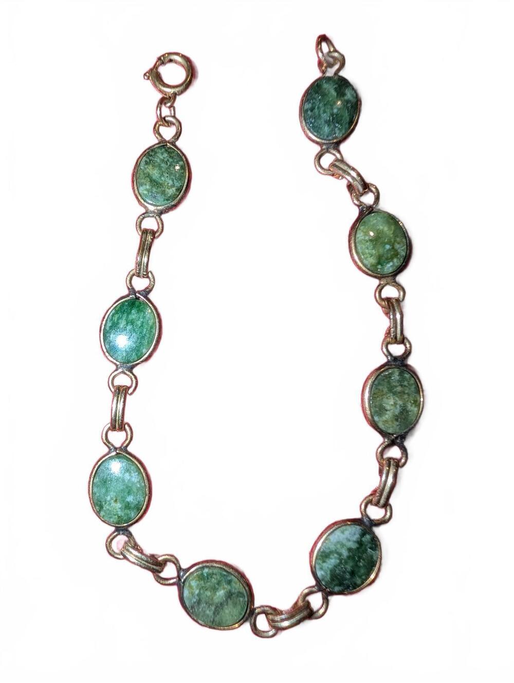 Vintage Green Stone and Silver Link Bracelet